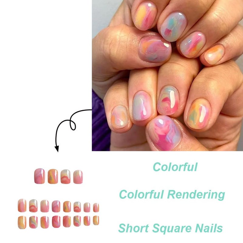 CTTHNBD Short Press on Nails Square Fake Nails Colorful False Nails with Ombre Design Glue on Nails Glossy Full Cover Stick on Nails Cute Acrylic Nails Reusable Artificial Nails for Women Manicure 24Pcs - Image 3